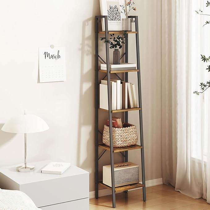 Hzuaneri Ladder Shelf, Bookshelf Bookcase, Freestanding Corner Storage Shelve with 2 Hooks for Home Office, Living Room, Kitc