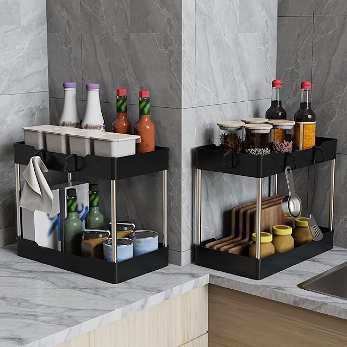 3 Pack Under Sink Organizers and Storage, 2 Tier Bathroom Cabinet Organizer Shelf with Hanging Cups for Kitchen & Bathroom (B
