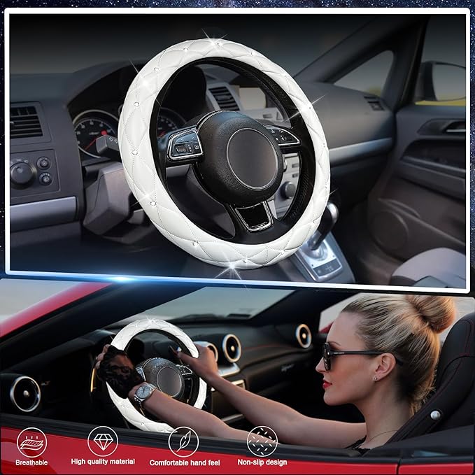 SuperKaKa Steering Wheel Cover, Auto Cute PU Diamond Bling Breathable Soft Comfort Leather Car Interior Accessories Sparkly F