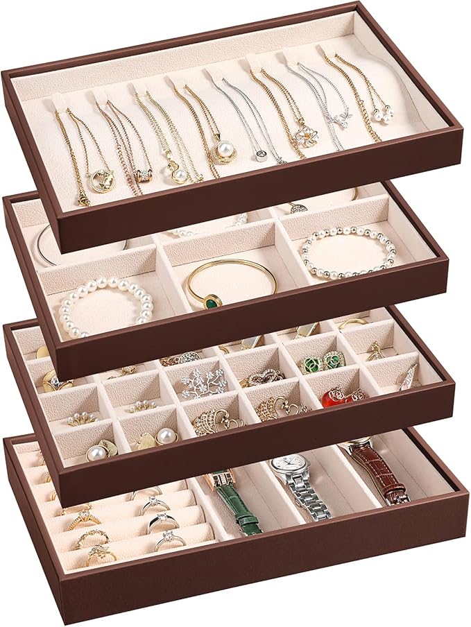 LANDICI Stackable Jewelry Organizer Trays 4 Set,PU Leather Jewelry Organizer Drawer,Jewelry Storage Display Tray for Earring 