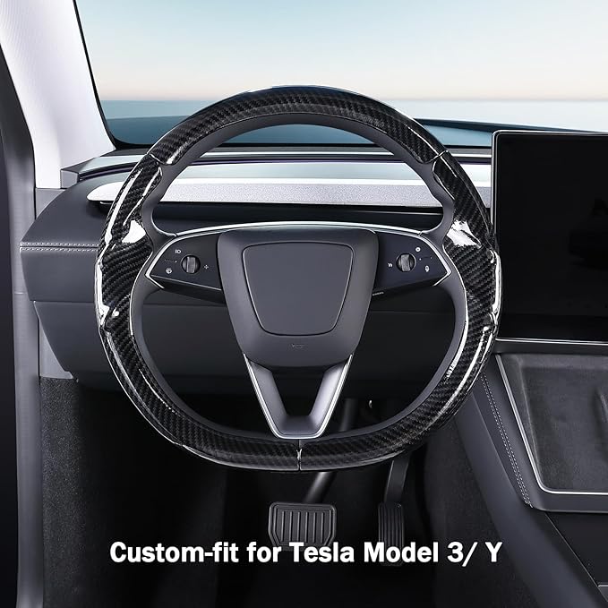 Steering Wheel Cover for Tesla Model 3 2024-Present Highland/Tesla Model Y Juniper 2025-Present, Carbon Fiber Steering Wheel Cover for Tesla Model 3 Highland/Y Juniper Accessories, Glossy Black