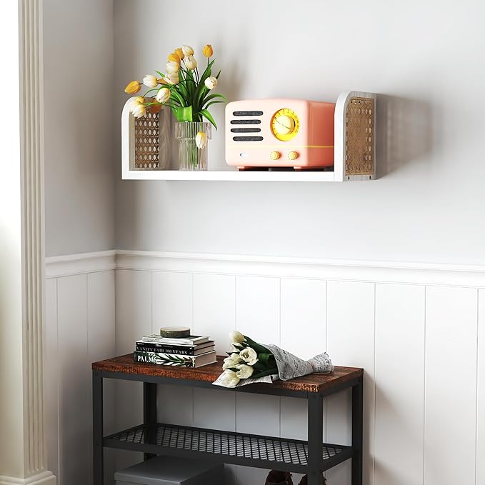 White Rattan Wall Shelf, Wooden Hanging Bookshelf Storage, Cute Nursery Shelves Wall Mounted, Boho Decorative Floating Shelve