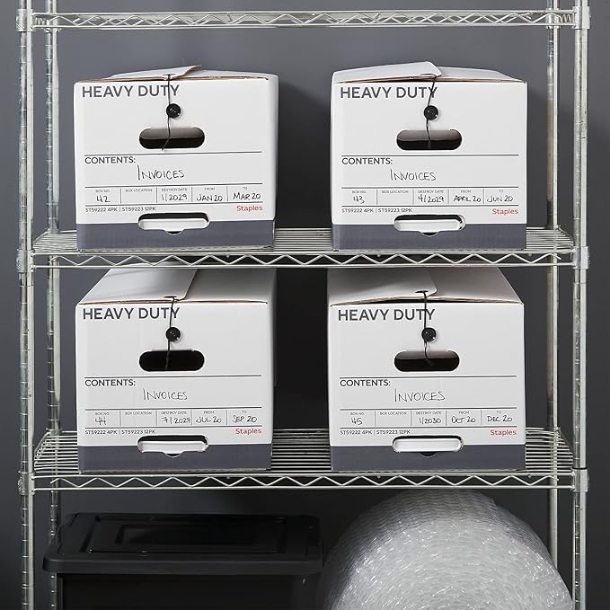 STAPLES Storage & Filing Box, Heavy-Duty with Handles & String-Button Lid, Letter Size Documents, Stackable, 4-Pack, White/Gr