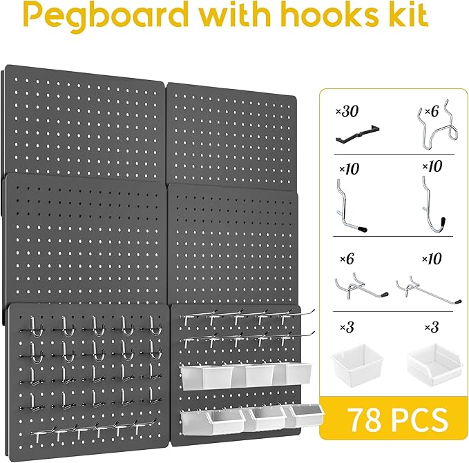 Peg Board for Tools, 6 Pack Metal Pegboard Wall Organizer with Hooks,16"×12" Gray Pegboard Panels for Walls Home, Garage Tool
