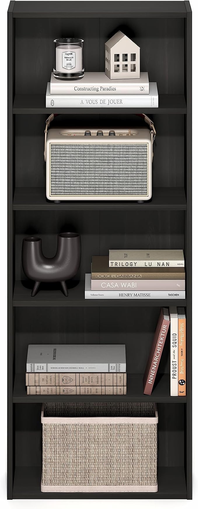 Furinno Basic Book Shelf, 5-Tier Bookshelf, Storage Organizer Bookcase with Open Shelf, 7 x 17 x 44, for Living Room, Bedroom