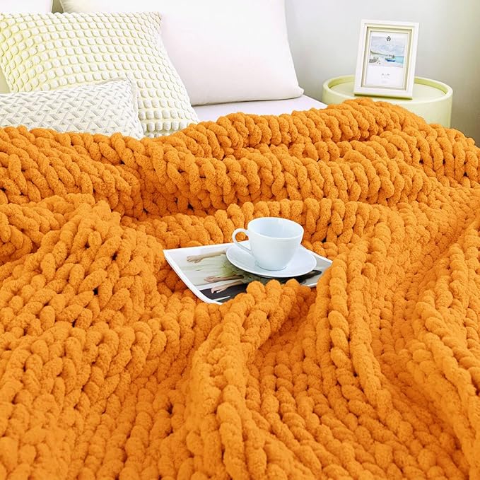 Admitrack Chunky Knit Blanket Throw, 100% Hand Knit Chenille Throw Blanket for Sofa & Home Decor, Soft and Cozy Knitted Throw
