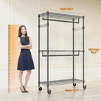 M MZG Heavy Duty Rolling Garment Rack 3 Tiers Adjustable Wire Shelving Clothes Rack with 2 Rods and Side Hooks,Storage Closet
