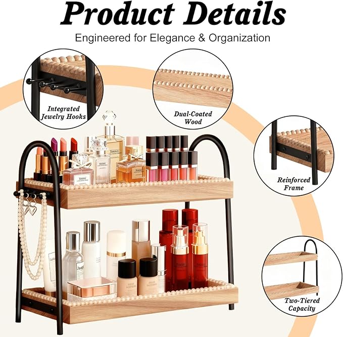 2-Tier Large & Medium Perfume Organizer with 8 Hooks for Jewelry, Bathroom Countertop & Vanity Tray Makeup Shelf - Space Savi