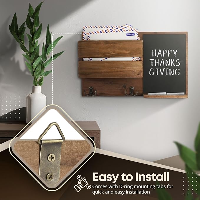 Flexzion Rustic Wood Entryway Mail Sorter Holder, Wall Mount Mudroom Storage Organizer with Blackboard Chalkboard Memo Board 