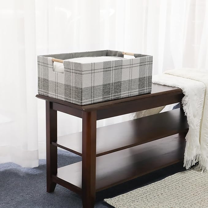 Fabric Storage Bin Box Collapsible Cotton Linen Storage Cube with Wooden Handles Rectangular Decorative Home Organizer Clothe