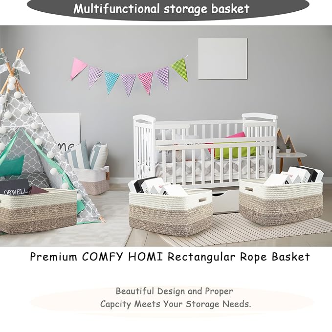 COMFY-HOMI 3 pcs Large Storage Baskets for Shelves, Laundry Basket, Woven Rope Basket, Closet Organizer Bins for Clothes Blan