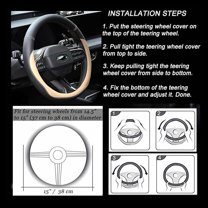 Valleycomfy Microfiber Leather Steering Wheel Covers Universal 15 inch （Beige）