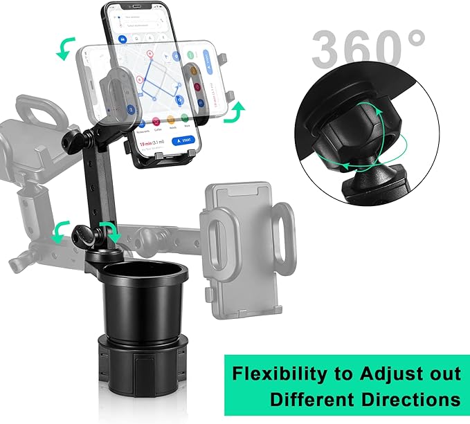 THIS HILL 2-in-1 Cup Holder and Cell Phone Holder - with 360° Rotating Stand and Adjustable Base for All iPhone Models and Sm