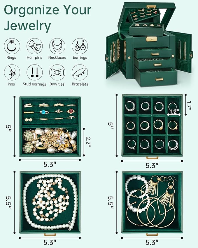 AKOZLIN 4-Tier Jewelry Box Leather Jewelry Storage Organizer with 3 Drawers Lockable for Women Girls Ring Necklace Earring Br