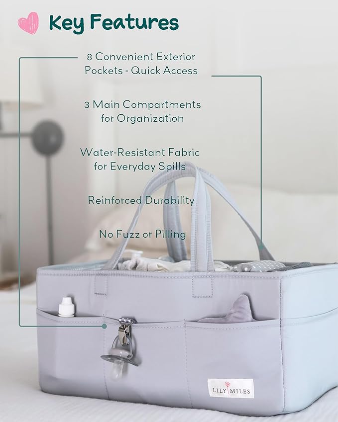 Lily Miles Diaper Caddy Organizer with 8 Pockets, Wipeable Baby Caddy Basket for Diapers and Wipes, Baby Registry Favorites, 