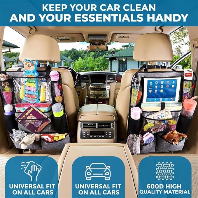 Econour Car Back Seat Organizer (2-Pack) | 600D Oxford Fabric with 9 Storage Pockets & Touch Screen Tablet Holder | Waterproof & Universal Fit Kick Mats | Durable & Eco-Friendly Seat Protectors (Grey)