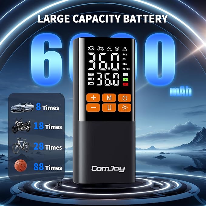 Faster Tire Inflator Portable Air Compressor, 150PSI Cordless Air Pump for Car Tires - 6000mAh & 12V DC, Rechargeable Smart Tire Pump with Digital Gauge &LED Light, Auto Shut-Off for Bike, Motor, Ball