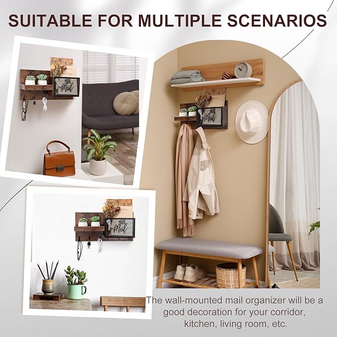 Yalikop Mail and Key Organizer for Wall with Shelf, Wall Mounted Mail Holder with Hooks, Entryway Organizer for Letters, Keys