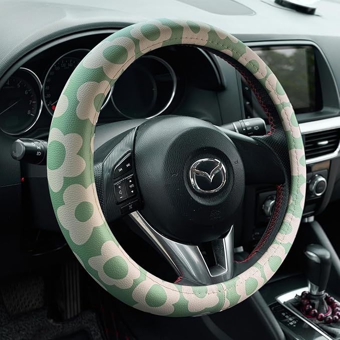 Microfiber Leather Steering Wheel Cover 14.5-15 inch, Green Floral Design, Anti-Slip Rubber Inner, Universal Fit for Cars, Tr