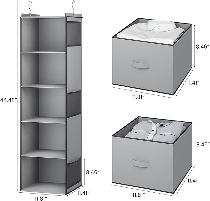 YOUDENOVA Hanging Closet Organizer, 5 Tier Hanging Closet Shelves with 6 Side Pockets and 2 Drawers, Light Grey