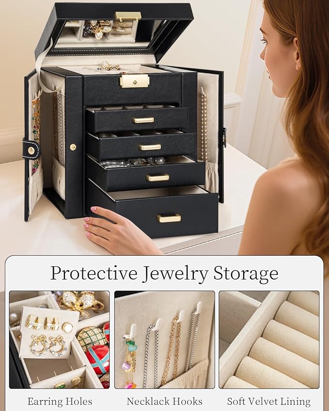 TORIBIO Jewelry Box for Women, Leather Jewelry Organizer with Mirror & Lock, 5-Tier Jewelry Storage Organizer with 4 Drawers 