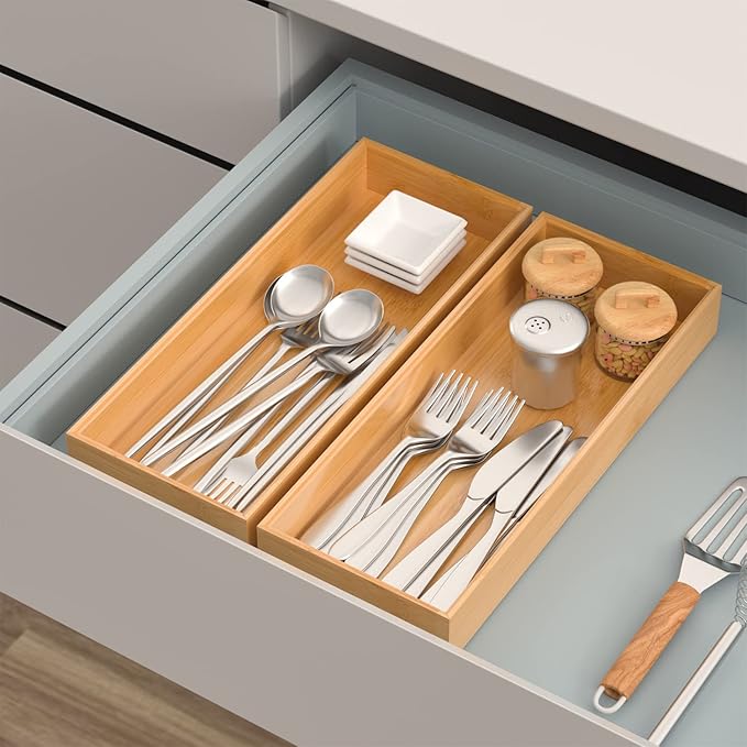 VeyFey Bamboo Drawer Organizer, Stackable Utensil Organizer for Kitchen, Bamboo Storage Box Wood Silverware Tray for Drawer 1