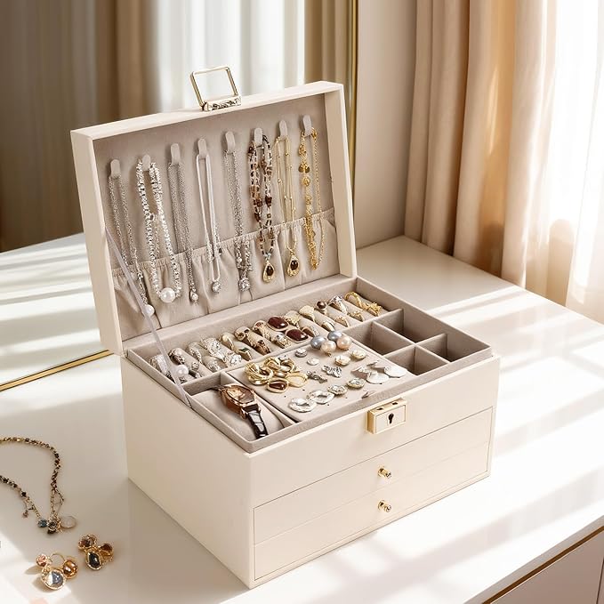 Greenfeather Jewelry Boxes for Women, Jewelry Organizer Box with Lid 3 Layers for Necklaces Rings Earrings and Bracelets Box 