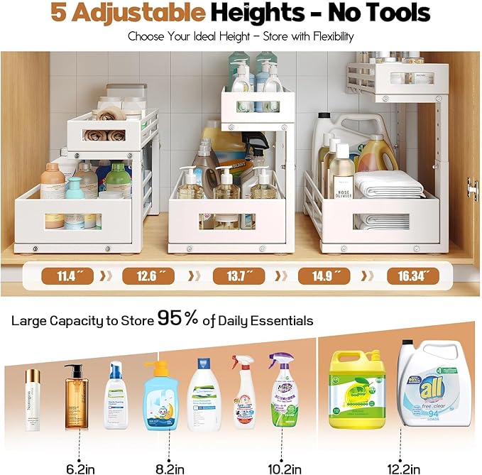 1-Pack Under Sink Organizers and Storage,2-Tier L Shape Pull Out Cabinet Organizer With Round Tube Slide Rails,Hight Adjustab
