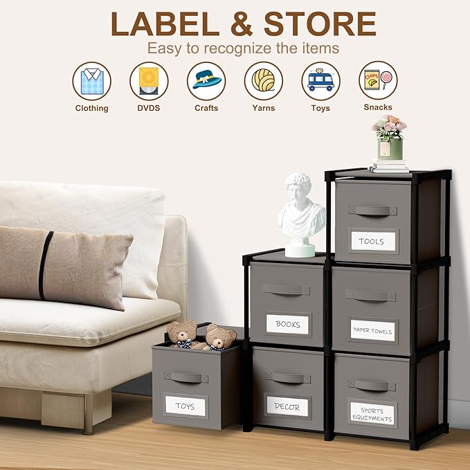 Geelin 6 Cube Storage Organizer with Fabric Bins and Labels 11 Inch, Fabric Collapsible Cubby Clothes Storage Drawer Dresser 