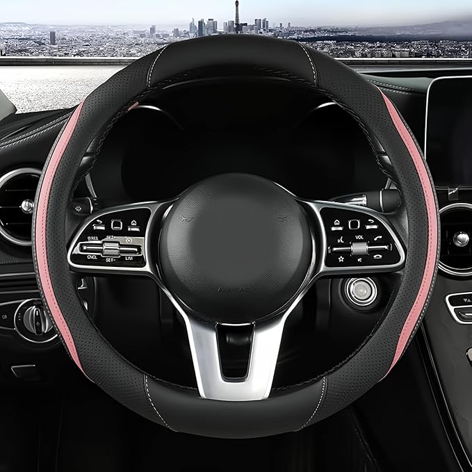 Car Steering Wheel Cover, Leather Steering Wheel Cover Pink Universal 14.5-15 Inch Microfiber Leather Anti-Slip Breathable Au