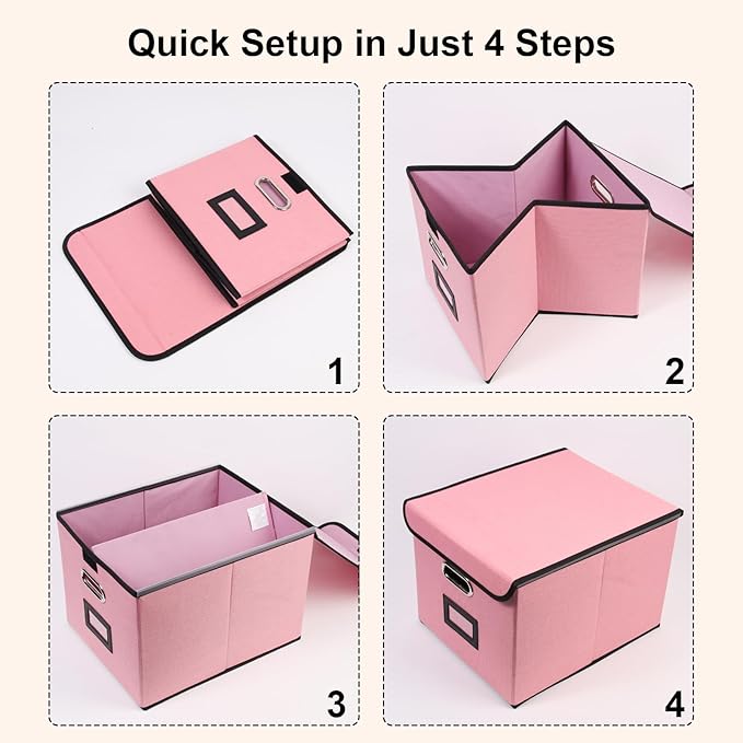 File Storage Box with Lid, 15.55x12.87x10.43 Inches, Foldable Organizer with Handles & Label Slot, for File Storage, Home, Of