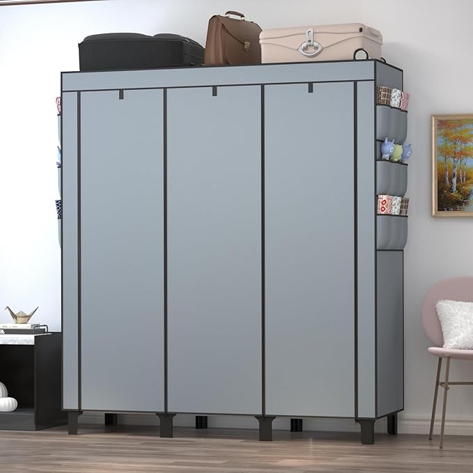 Portable Wardrobe with 10 Storage Racks and 2 Hanging Poles, 6 Side Pockets Non-Woven Cover, Size 130 x 45 x 172 cm, Bedroom 