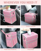 Capolo Car Trash Can with Lid, Leakproof Car Trash Bag Hanging Waterproof Automotive Garbage Can with Storage Pockets Mini Vehicle Trash Bin for Back/Front Seat(Pink,2.5 Gallon)