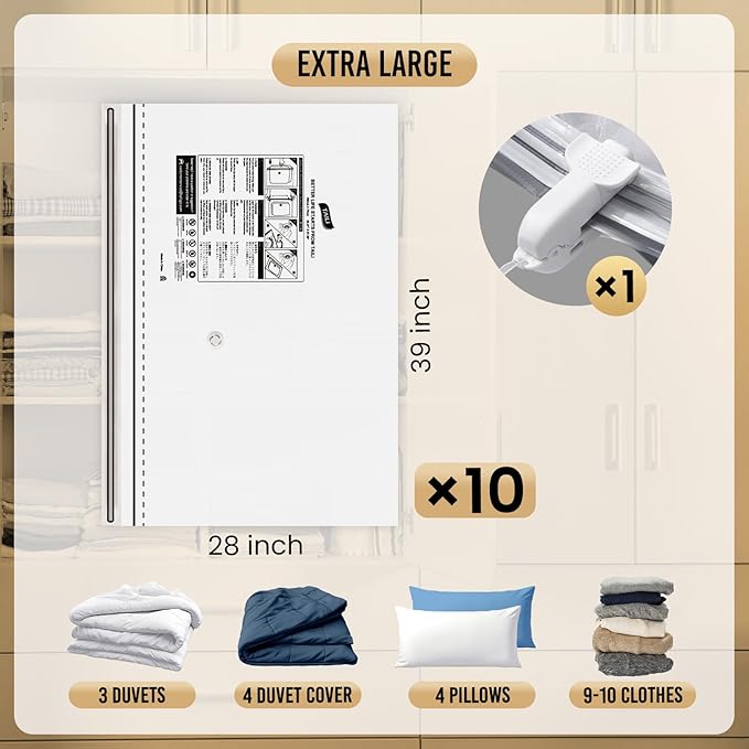 TAILI 10 Pack Vacuum Storage Bags, LONG SIDE ZIP (39x28 inch), Vacuum Seal Bags for Clothing, Jumbo Storage Space Saver for B