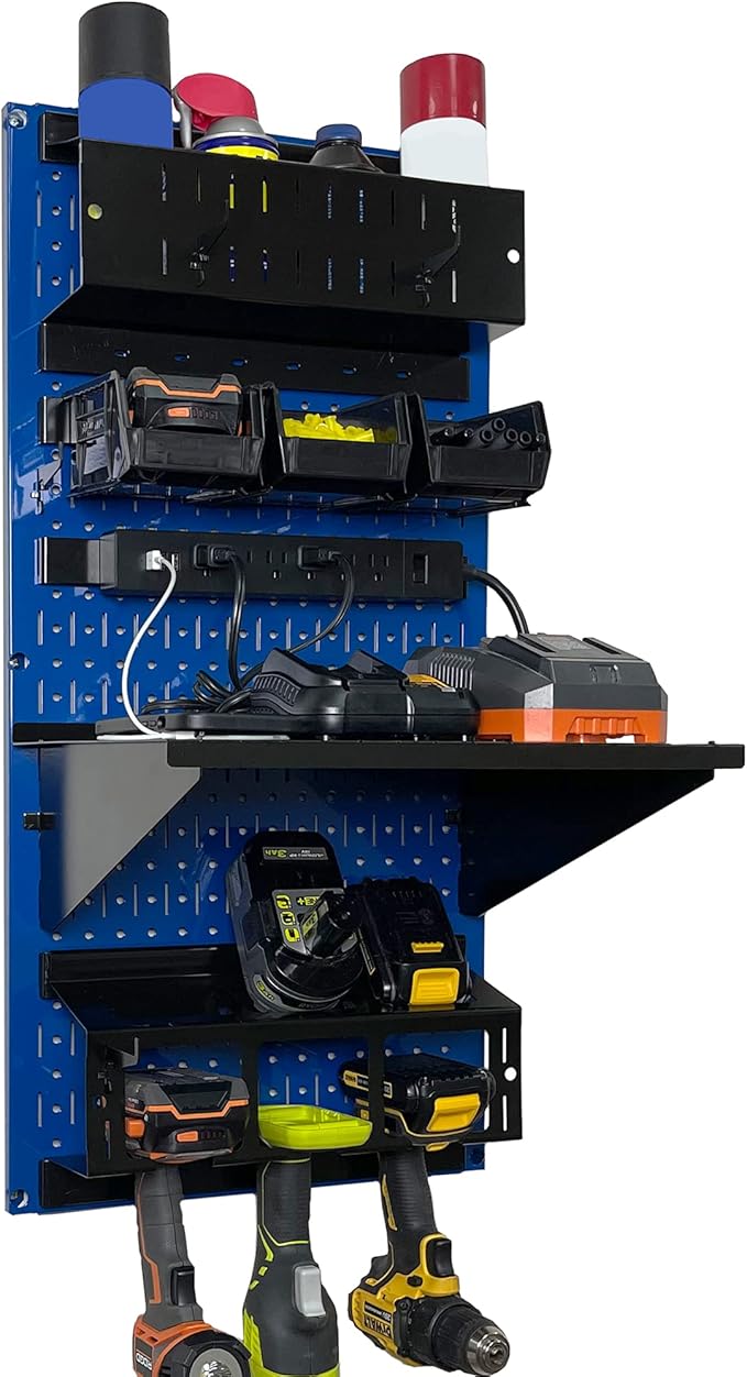 Wall Control Power Tool Storage Organizer Kit Cordless Drill Holder Charging Station Rack 16” x 32” Metal Pegboard Organizati