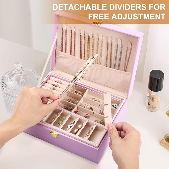 Jewelry Box for Girls Women Leather Jewelry Organizer with Lock Double Layers Jewelry Storage Case Removable Tray for Necklac