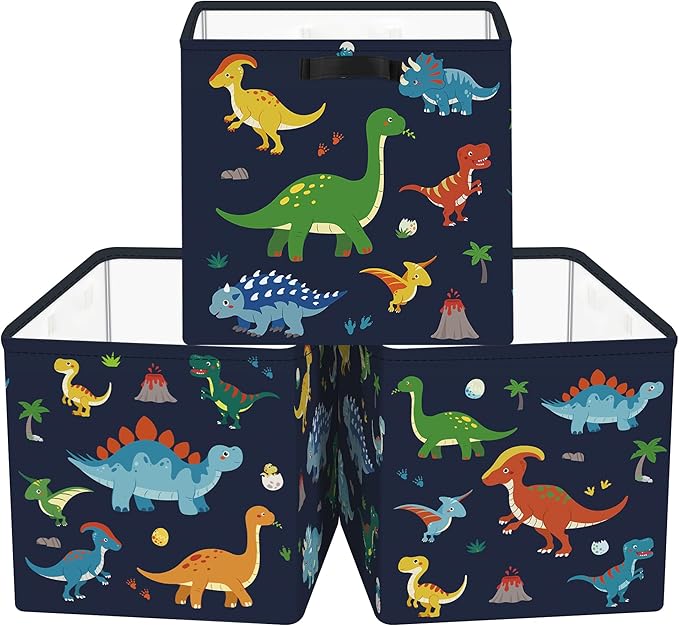 Clastyle 3 pcs Dinosaur Cube Storage Unit Bin with Metal Frame Volcano Kallax Box for Shelves Parents Closet Organizer Basket