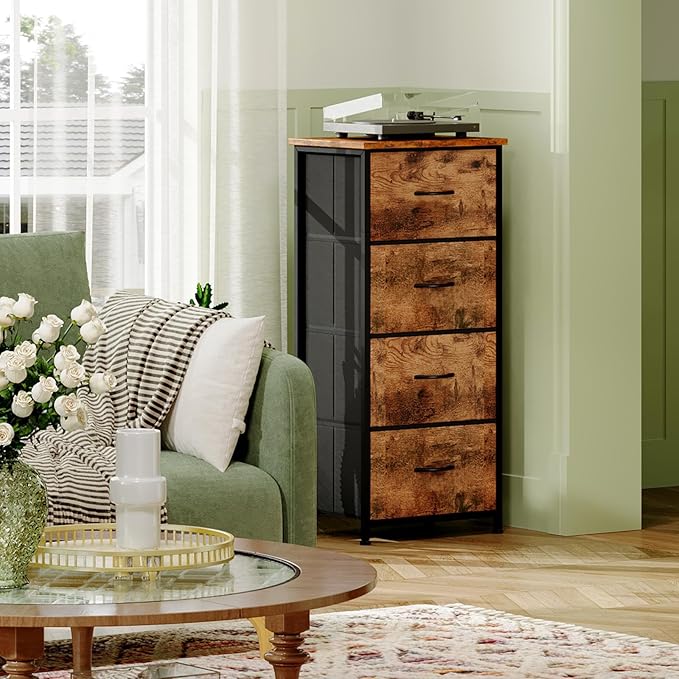 Somdot Dresser for Bedroom with 4 Drawers, Storage Organizer Chest of Drawers with Removable Fabric Bins for Closet Bedside L