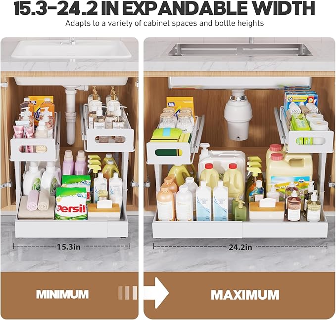 1 Pack Expandable Under Sink Organizers Storage With Upgrade Ball-Bearing Slide Tracks,2-Tier Pull Out Under Cabinet Organize