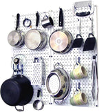 Wall Control Kitchen Pegboard Organizer Pots and Pans Storage Rack Organization Kit with White Pegboard and Blue Accessories
