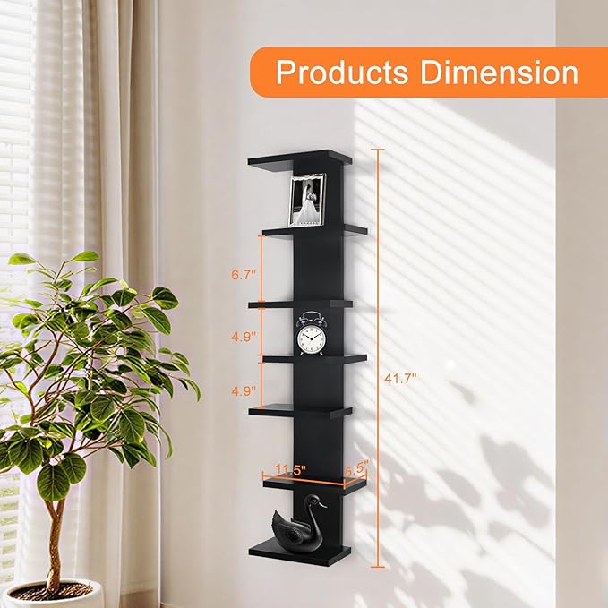 7 Tier Wall Shelf Unit-Black Floating Shelves for Home Decor, Modern Unique Asymmetric Design for Bedroom & Living Room Stora