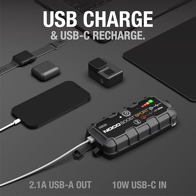 NOCO Boost GB20: 500A UltraSafe Jump Starter - 12V Lithium Battery Booster Pack, Portable Jump Box, Power Bank & Jumper