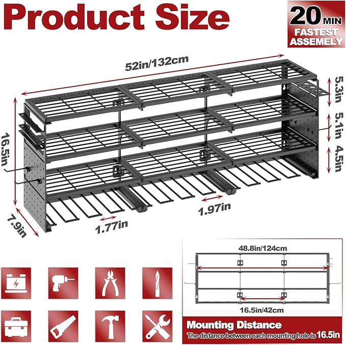 52" W Large Power Tool Organizer Wall Mount -12 Drill Holder for Garage,4 Layer Heavy Duty Power Tool Rack,Tool Organizer Sto