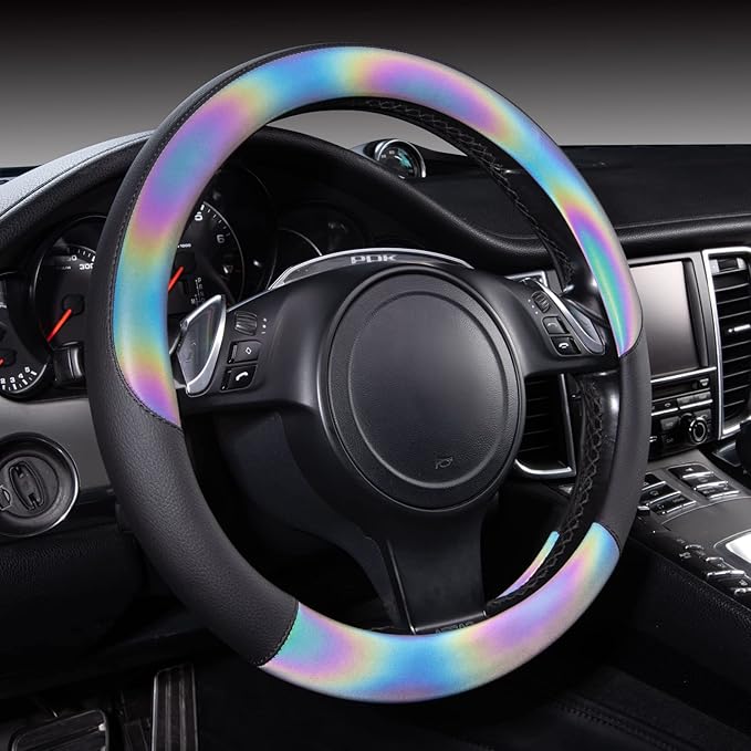 CAR-GRAND Chameleon Iridescent Reflective PU Leather Steering Wheel Cover,15Inch Universal Fit for 95% Suvs,Sedans,Vans,Truck