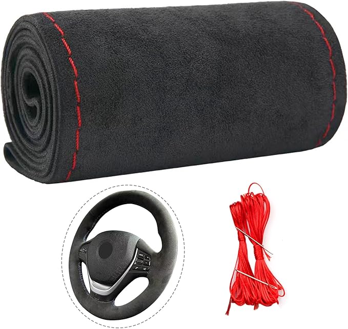 Suede Leather Steering Wheel Cover Wrap Kit - DIY Stitch-On for 15-16" Wheels, Superior Sweat Absorption & Non-Slip Grip, Comfortable & Durable Year-Round Upgrade