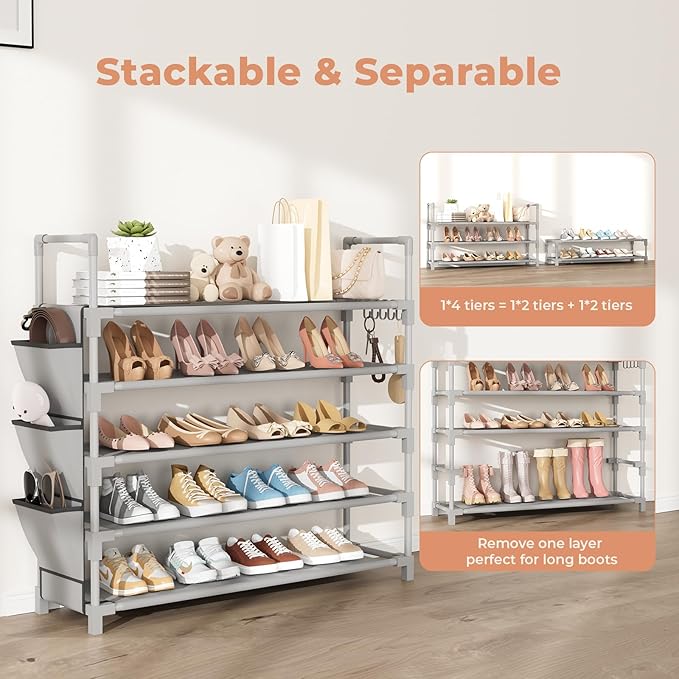 5 Tier Shoe Rack, Shoe Organizer Storage for 20-25 Pair Boot and Sneaker, Stackable Free Standing Shoe Shelf with Hooks and S