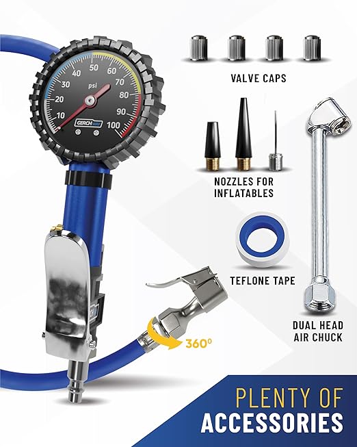 Tire Inflator with Pressure Gauge Heavy Duty Air Chuck with Gauge for Air Compressor Tire Inflator Attachment - 100PSI, with Case