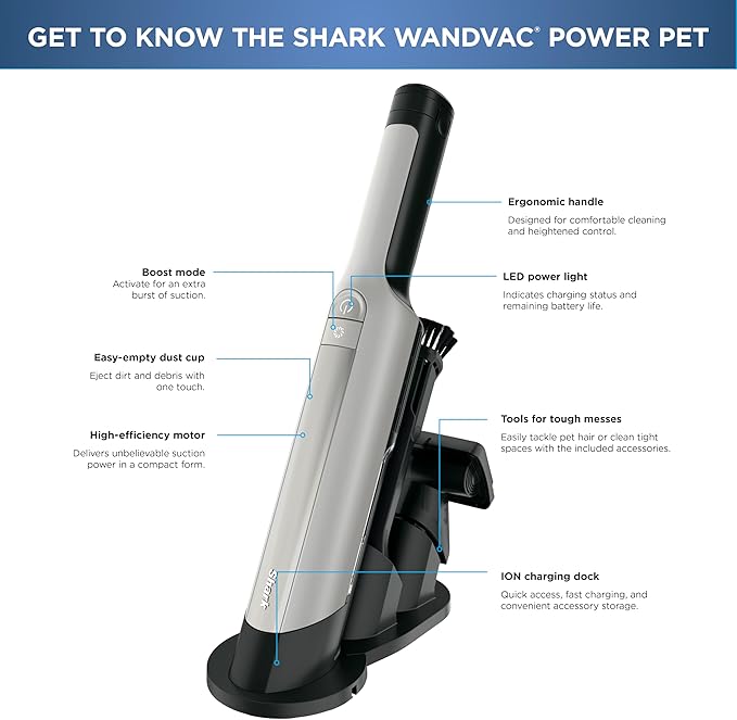 Shark WANDVAC Power PET Cordless Hand Vac, Ultra-Lightweight & Portable with Powerful Suction & Boost Mode, NEW FurFins Tool 