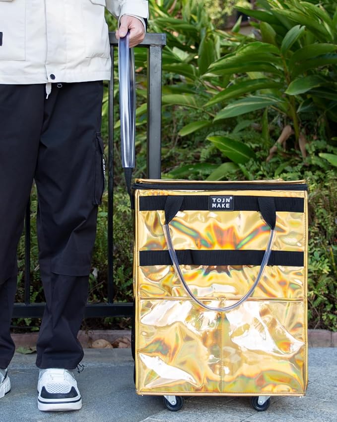 Reusable Grocery Bag On Wheels (Medium, Glitter Gold), Shopping Trolley, Rolling Tote with 8 Pockets and Zipper Cover, Foldable, Heavy Duty Handles, Carries Up to 66 LBS