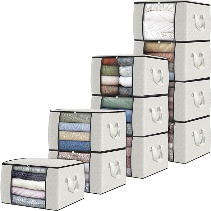 Fab totes 10 Pack Clothes Storage, Foldable Thick Fabric Blanket Storage Bags, Containers for Organizing Bedroom, Closet, Clo